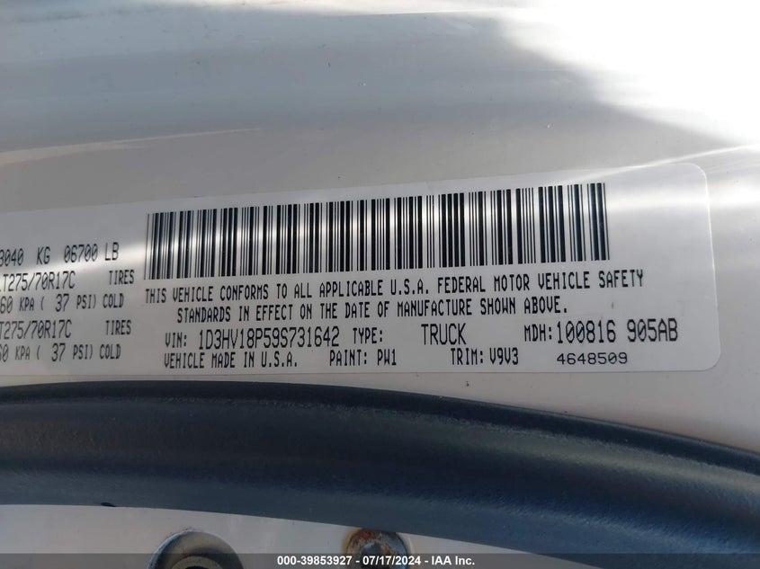 2009 Dodge Ram 1500 Slt/Sport/Trx VIN: 1D3HV18P59S731642 Lot: 39853927