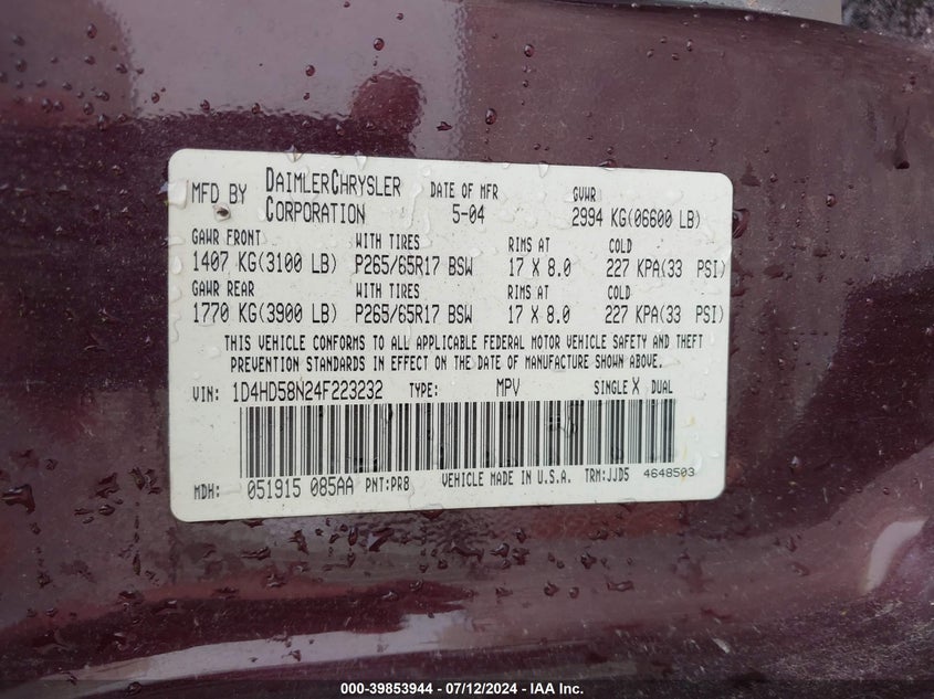 2004 Dodge Durango Limited VIN: 1D4HD58N24F223232 Lot: 39853944