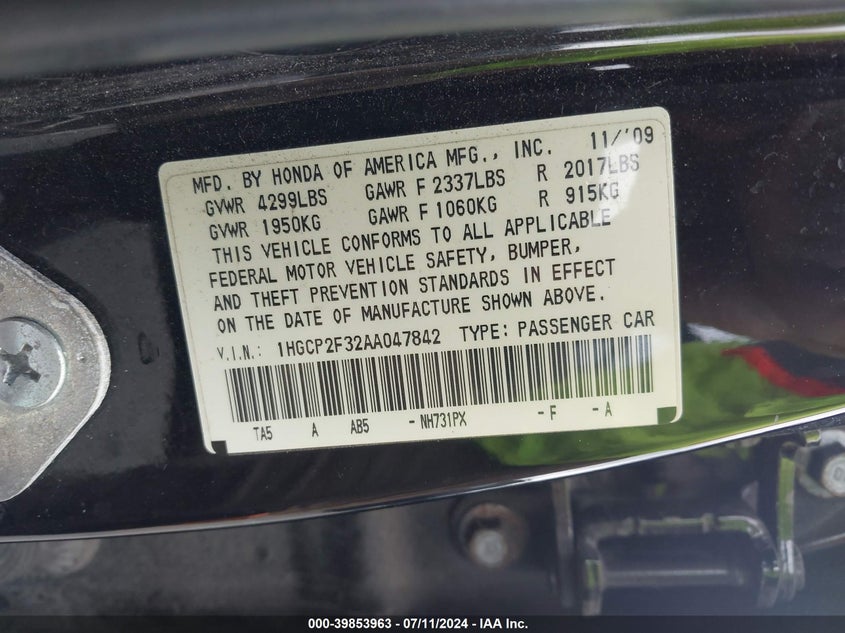 2010 Honda Accord 2.4 Lx VIN: 1HGCP2F32AA047842 Lot: 39853963