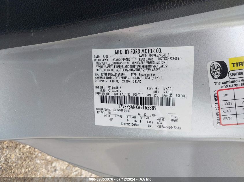 2010 Ford Mustang V6/V6 Premium VIN: 1ZVBP8ANXA5165889 Lot: 39853976