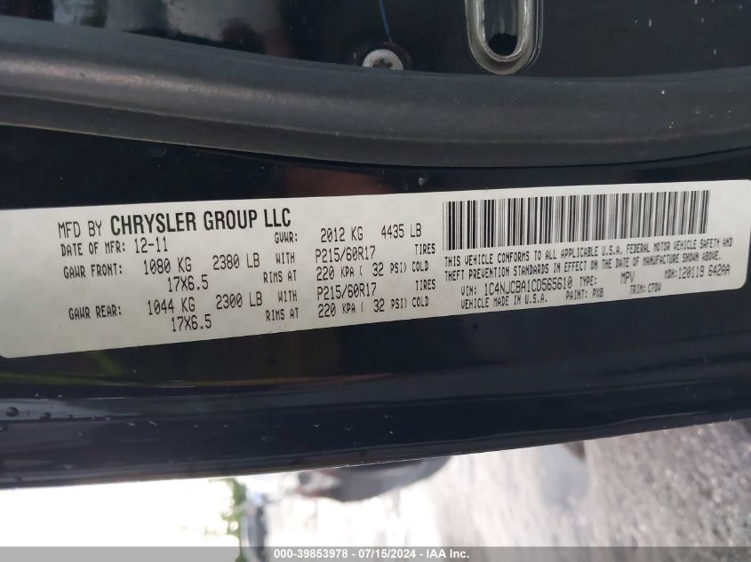 2012 Jeep Compass Sport VIN: 1C4NJCBA1CD565610 Lot: 39853978