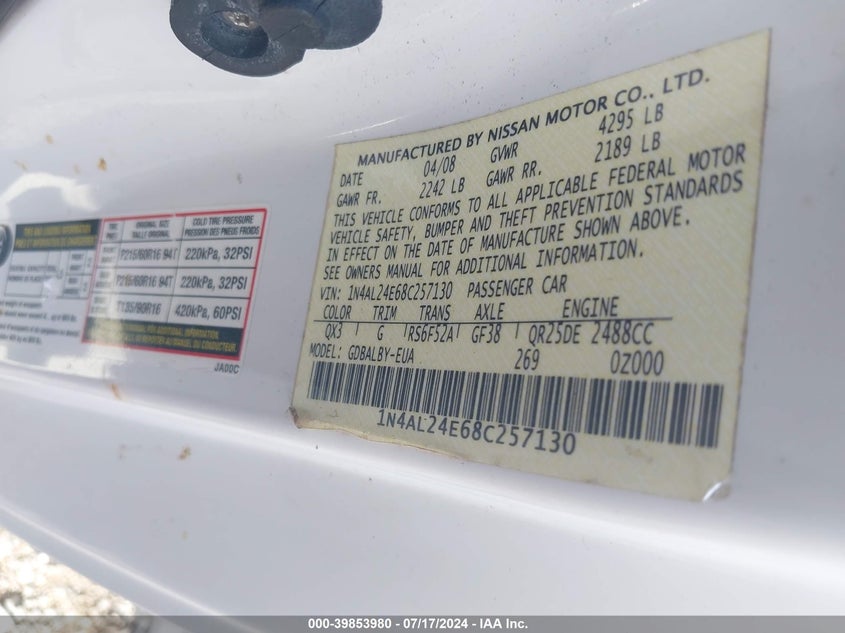 2008 Nissan Altima 2.5 S VIN: 1N4AL24E68C257130 Lot: 39853980