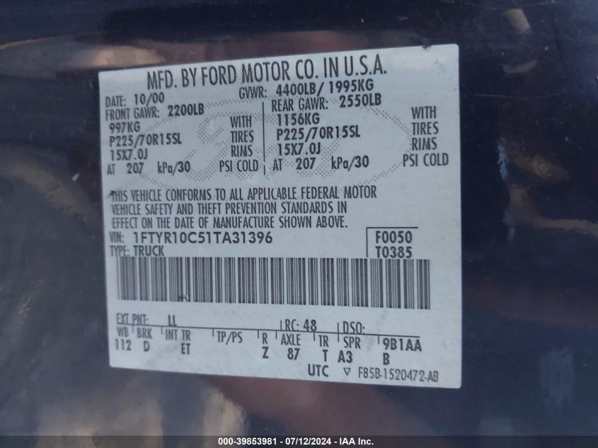 2001 Ford Ranger Xl/Xlt VIN: 1FTYR10C51TA31396 Lot: 39853981