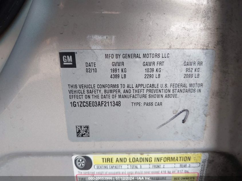 2010 Chevrolet Malibu Lt VIN: 1G1ZC5E03AF211348 Lot: 39853986