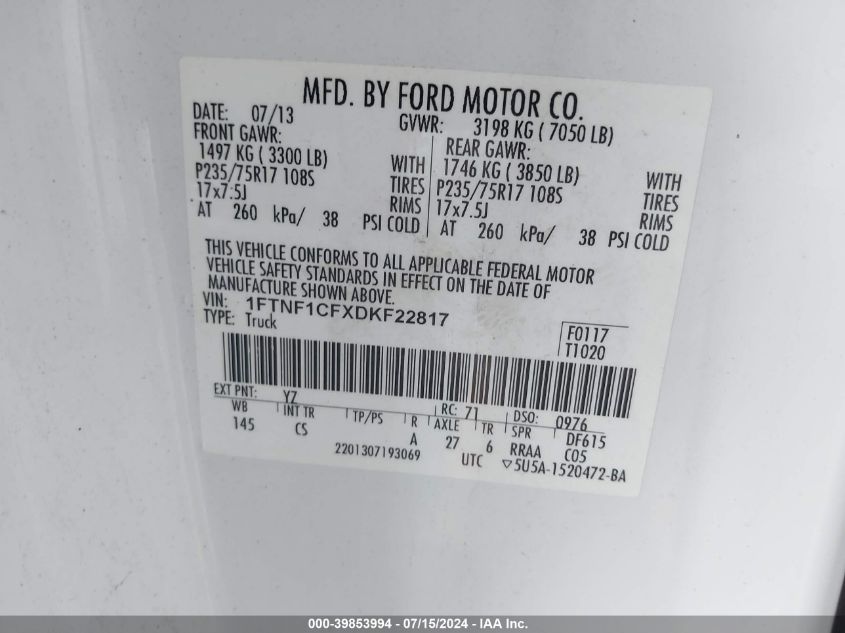 2013 Ford F-150 Xl VIN: 1FTNF1CFXDKF22817 Lot: 39853994