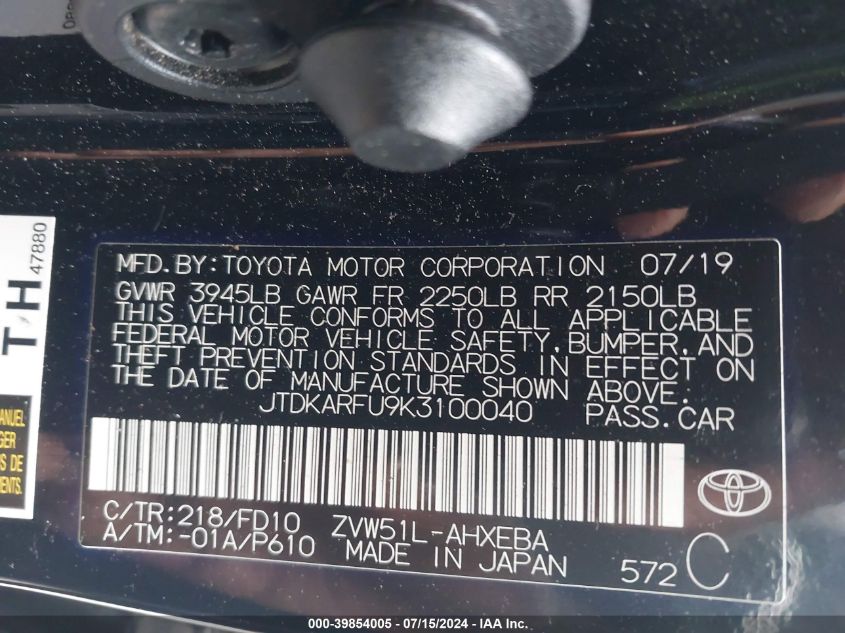 2019 Toyota Prius Le VIN: JTDKARFU9K3100040 Lot: 39854005