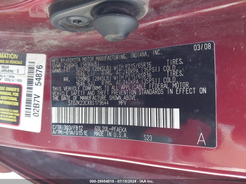 2008 Toyota Sienna Ce VIN: 5TDZK23CX8S179644 Lot: 39854010