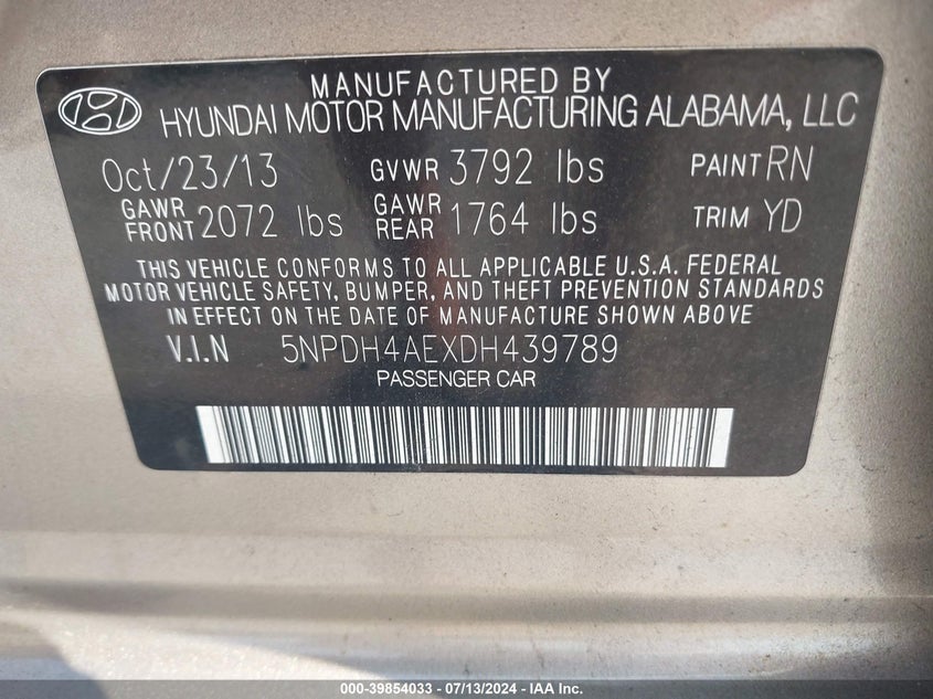 2013 Hyundai Elantra Gls VIN: 5NPDH4AEXDH439789 Lot: 39854033