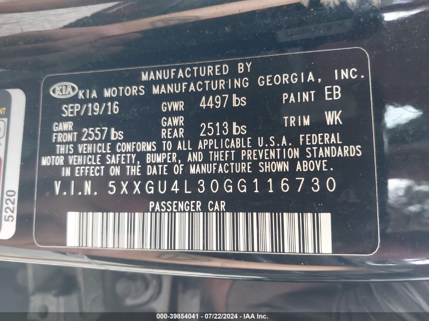 2016 Kia Optima Ex VIN: 5XXGU4L30GG116730 Lot: 39854041