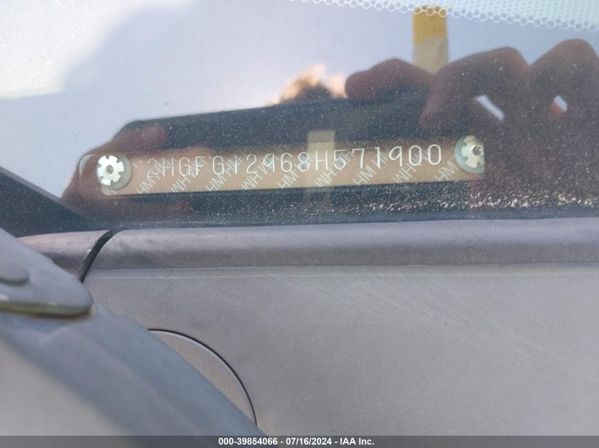2008 Honda Civic Ex-L VIN: 2HGFG12968H571900 Lot: 39854066