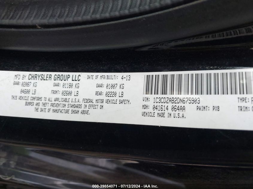 2013 Dodge Avenger Se VIN: 1C3CDZAB2DN675903 Lot: 39854071