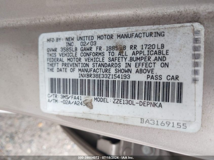 2003 Toyota Corolla Ce/Le/S VIN: 1NXBR38E33Z154193 Lot: 39854072