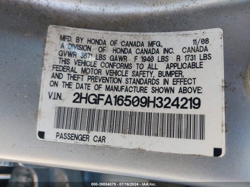 2009 Honda Civic Lx VIN: 2HGFA16509H324219 Lot: 39854079