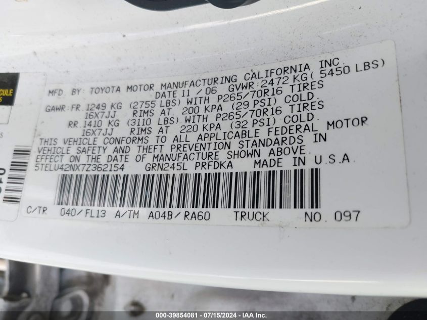 2007 Toyota Tacoma Double Cab VIN: 5TELU42NX7Z362154 Lot: 39854081