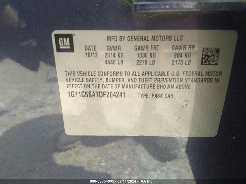 2013 Chevrolet Malibu 1Lt VIN: 1G11C5SA7DF204241 Lot: 39854095