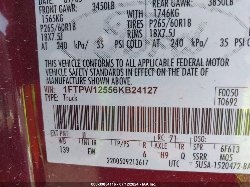 2006 Ford F-150 Lariat/Xlt VIN: 1FTPW12556KB24127 Lot: 39854116