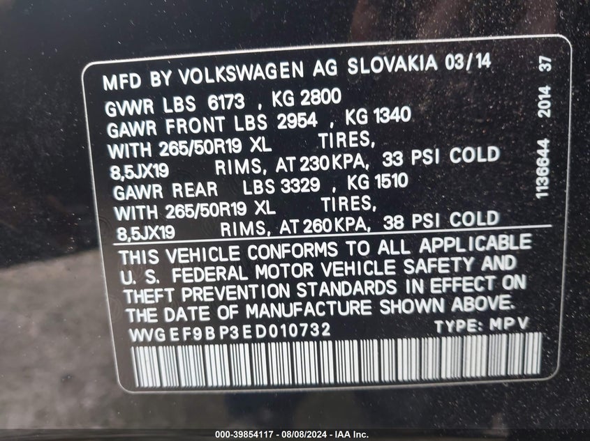 2014 VOLKSWAGEN TOUAREG 3.6L LUX - WVGEF9BP3ED010732