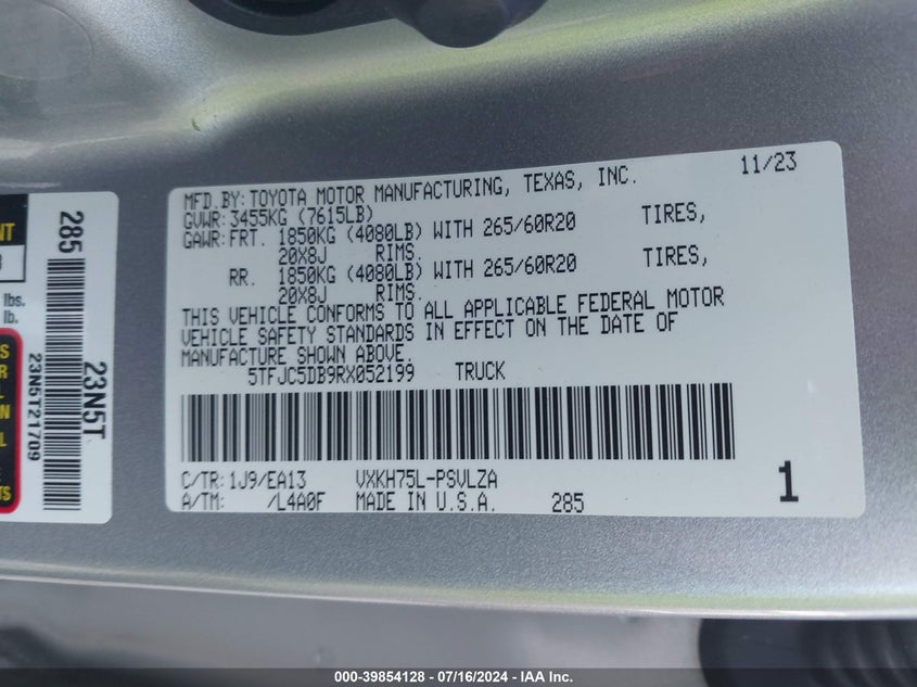 VIN 5TFJC5DB9RX052199 2024 TOYOTA TUNDRA HYBRID LIMITED