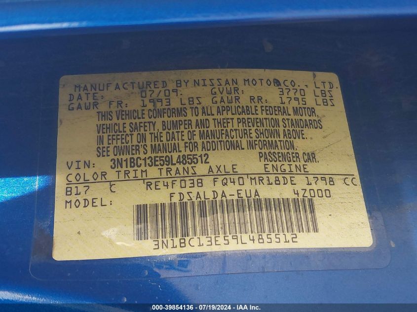 2009 Nissan Versa 1.8S VIN: 3N1BC13E59L485512 Lot: 39854136