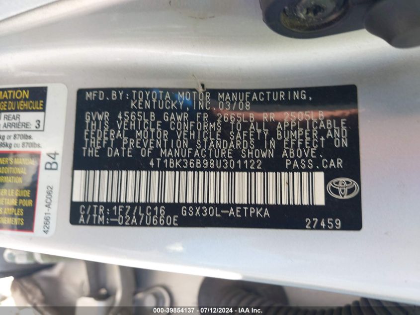 2008 Toyota Avalon Xl/Xls/Touring/Limited VIN: 4T1BK36B98U301122 Lot: 39854137