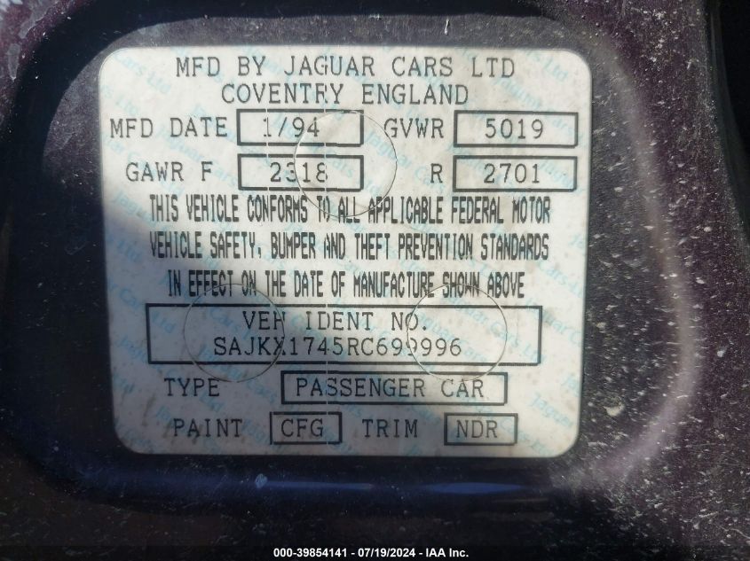 1994 Jaguar Vandenplas VIN: SAJKX1745RC699996 Lot: 39854141