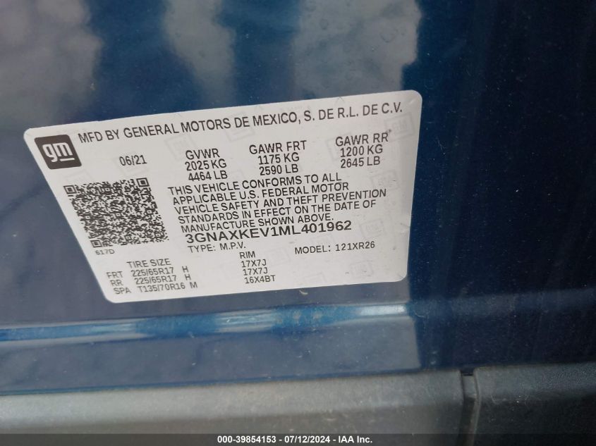 2021 Chevrolet Equinox Fwd Lt VIN: 3GNAXKEV1ML401962 Lot: 39854153