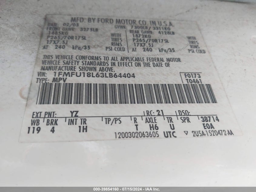 2003 Ford Expedition Eddie Bauer VIN: 1FMFU18L63LB64404 Lot: 39854160