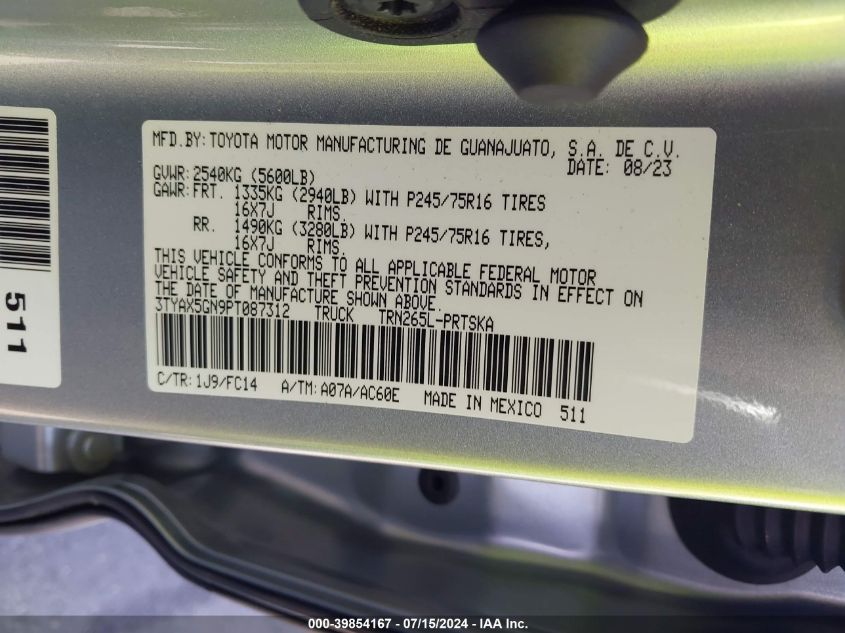 2023 Toyota Tacoma Sr5 VIN: 3TYAX5GN9PT087312 Lot: 39854167