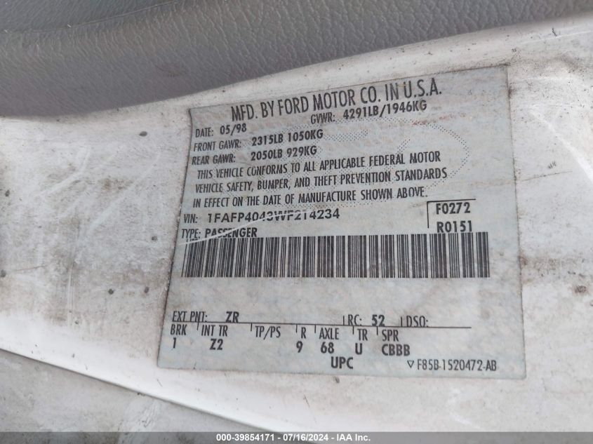 1998 Ford Mustang VIN: 1FAFP4043WF214234 Lot: 39854171