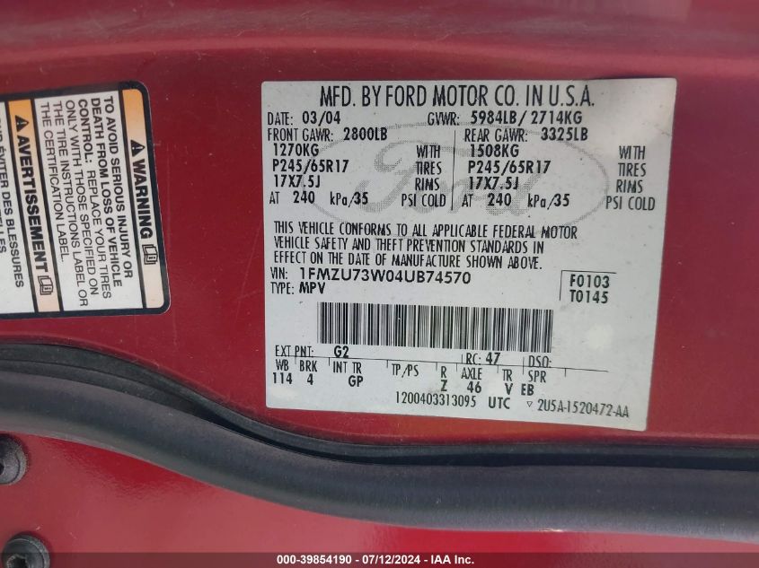 2004 Ford Explorer Nbx/Xlt VIN: 1FMZU73W04UB74570 Lot: 39854190