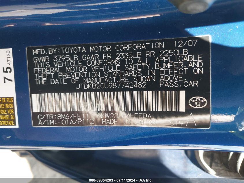 2008 Toyota Prius Standard VIN: JTDKB20U987742482 Lot: 39854203