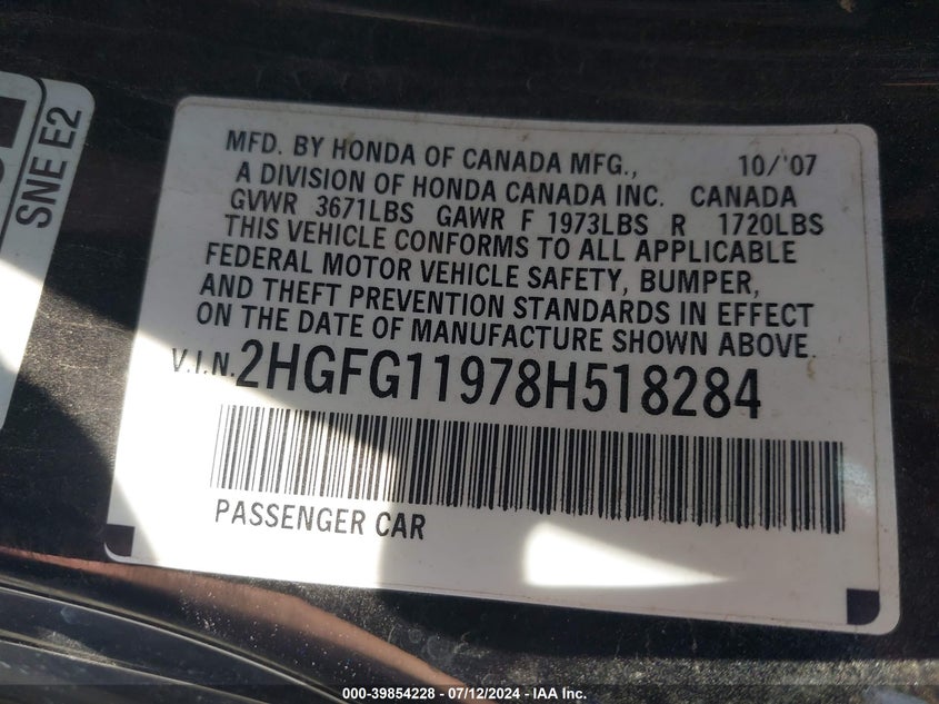 2008 Honda Civic Ex-L VIN: 2HGFG11978H518284 Lot: 39854228
