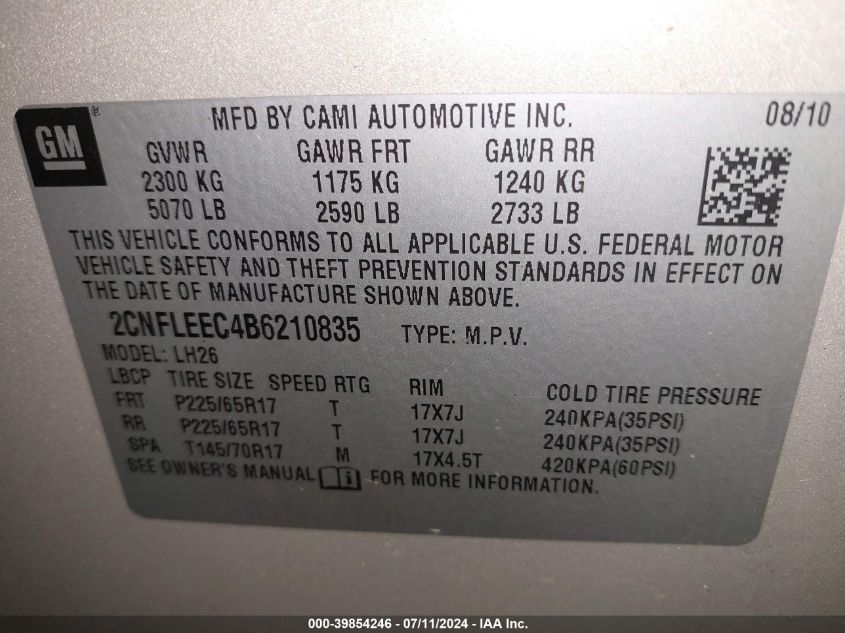 2011 Chevrolet Equinox 1Lt VIN: 2CNFLEEC4B6210835 Lot: 39854246