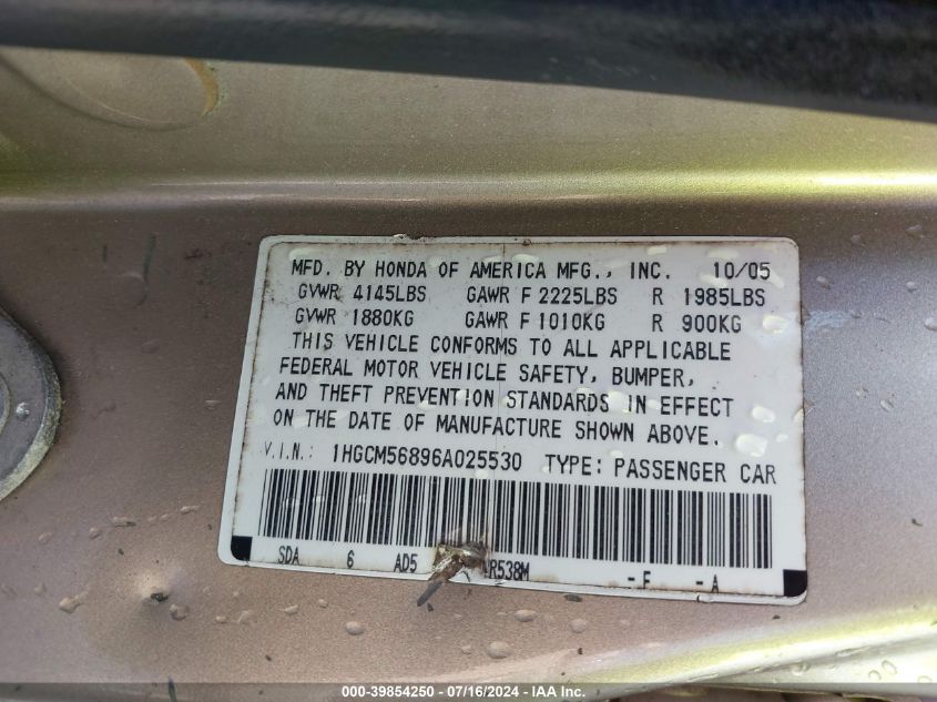 2006 Honda Accord 2.4 Ex VIN: 1HGCM56896A025530 Lot: 39854250