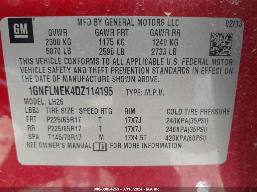 2013 Chevrolet Equinox 2Lt VIN: 1GNFLNEK4DZ114195 Lot: 39854253