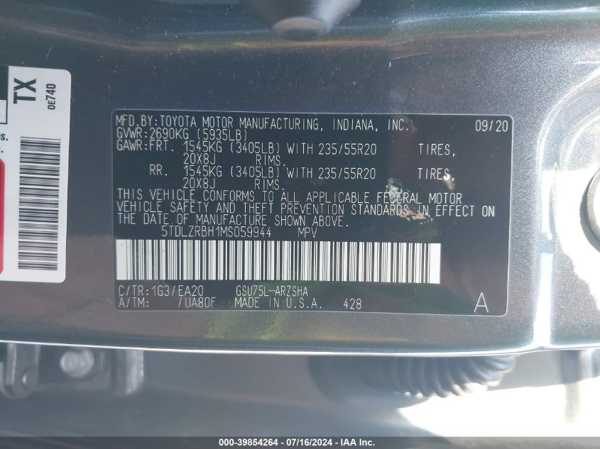 2021 Toyota Highlander Xse VIN: 5TDLZRBH1MS059944 Lot: 39854264