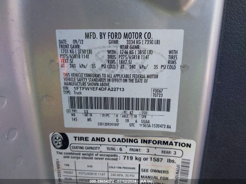 2013 Ford F150 Supercrew VIN: 1FTFW1EF4DFA22713 Lot: 39854272