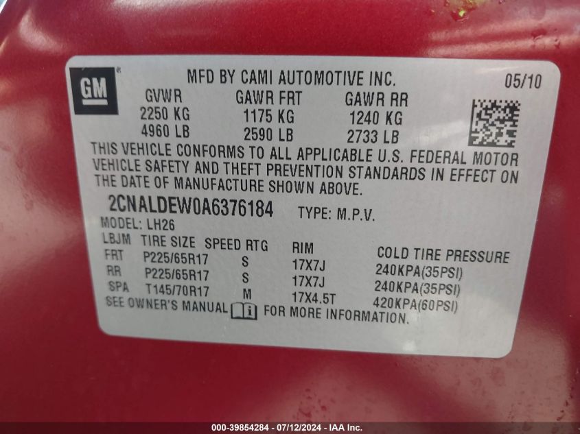 2010 Chevrolet Equinox Lt VIN: 2CNALDEW0A6376184 Lot: 39854284