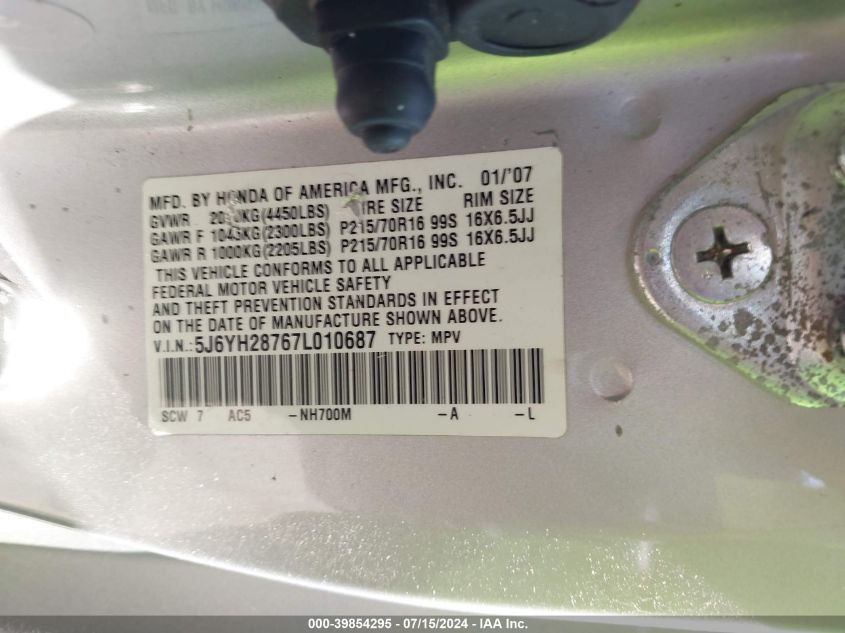 2007 Honda Element Ex VIN: 5J6YH28767L010687 Lot: 39854295