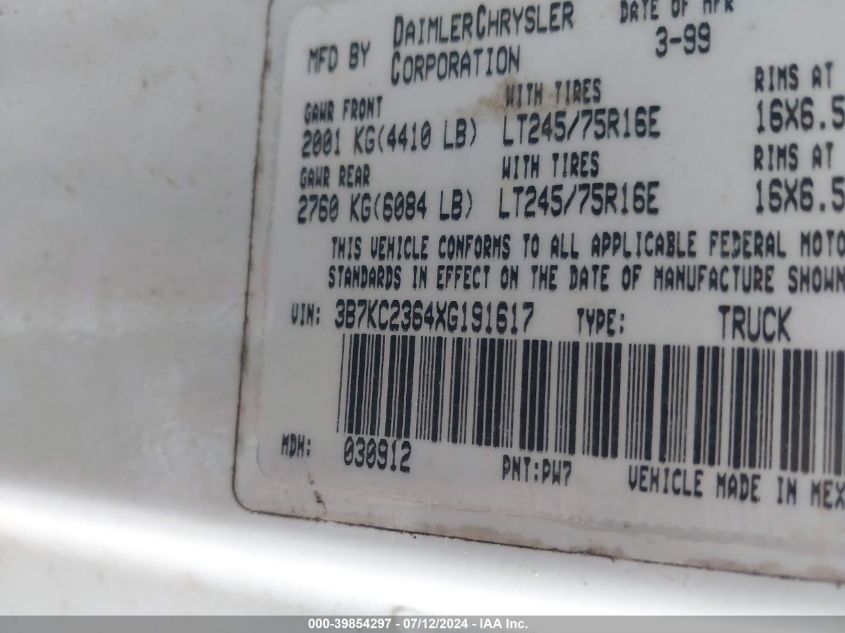 1999 Dodge Ram 2500 St VIN: 3B7KC2364XG191617 Lot: 39854297