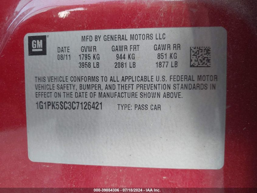 2012 Chevrolet Cruze Eco VIN: 1G1PK5SC3C7126421 Lot: 39854306