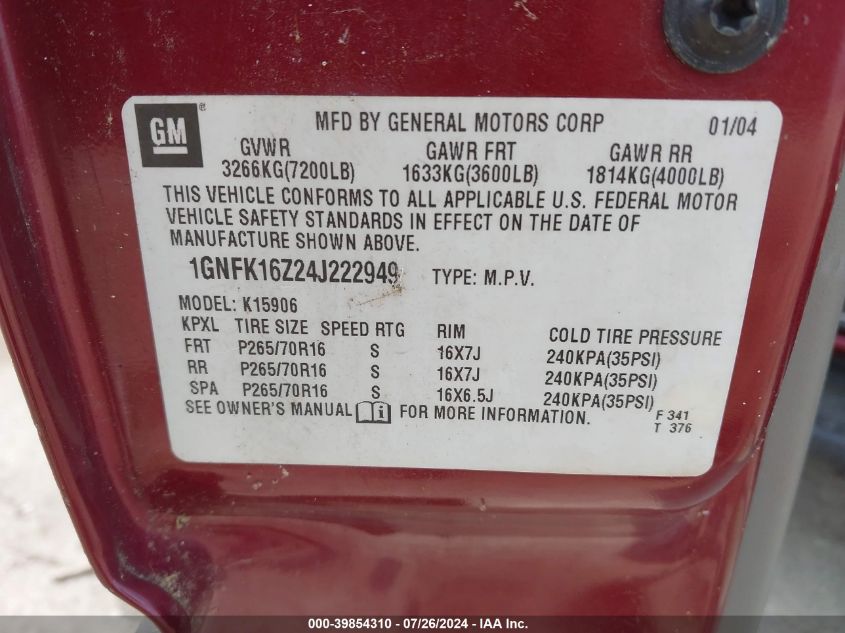 2004 Chevrolet Suburban 1500 Ls VIN: 1GNFK16Z24J222949 Lot: 39854310