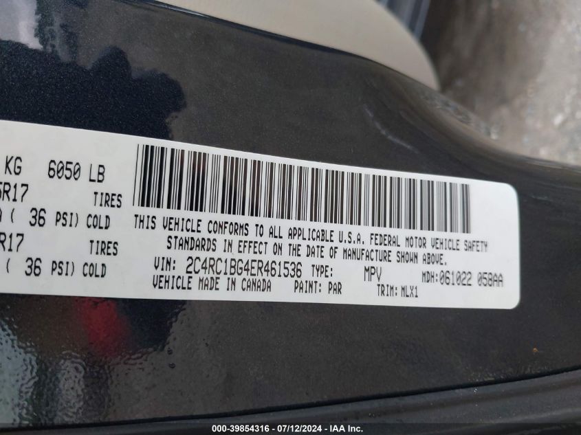 2014 Chrysler Town & Country Touring VIN: 2C4RC1BG4ER461536 Lot: 39854316