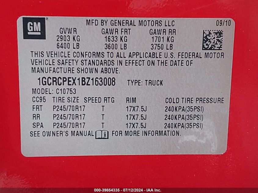 2011 Chevrolet Silverado 1500 Work Truck VIN: 1GCRCPEX1BZ163008 Lot: 39854335