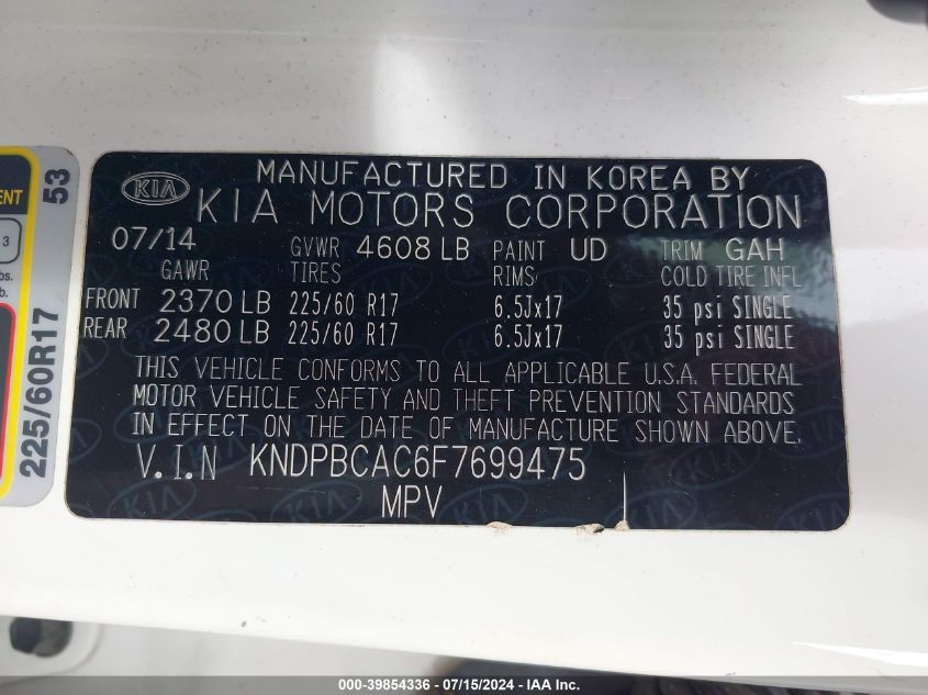 2015 Kia Sportage Lx VIN: KNDPBCAC6F7699475 Lot: 39854336