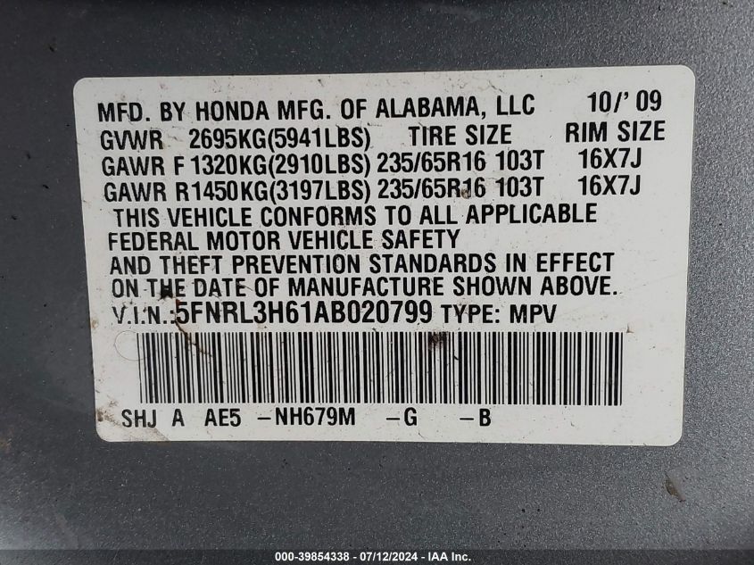 2010 Honda Odyssey Ex-L VIN: 5FNRL3H61AB020799 Lot: 39854338