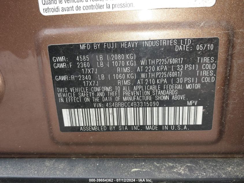 2011 Subaru Outback 2.5I Premium VIN: 4S4BRBCC4B3315090 Lot: 39854362