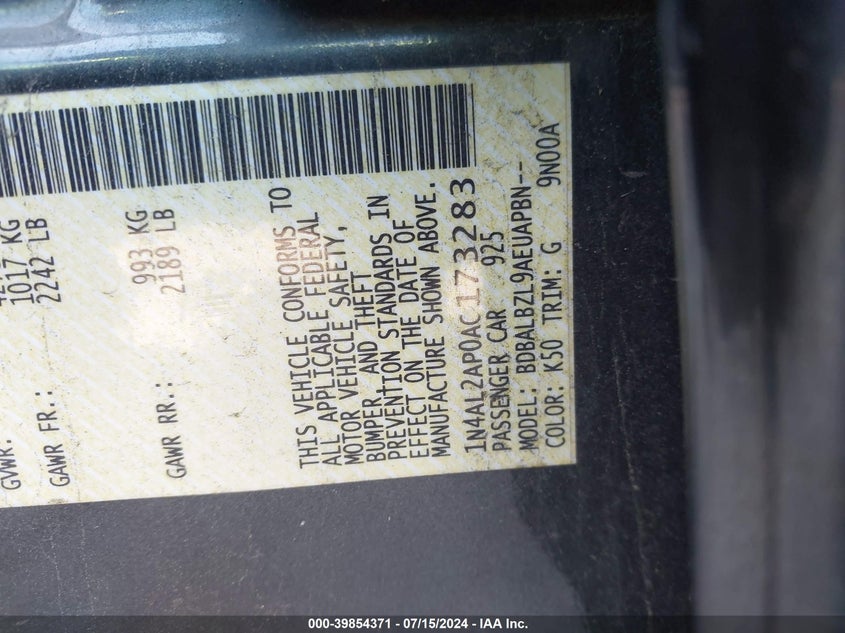 2010 Nissan Altima 2.5 S VIN: 1N4AL2AP0AC173283 Lot: 39854371