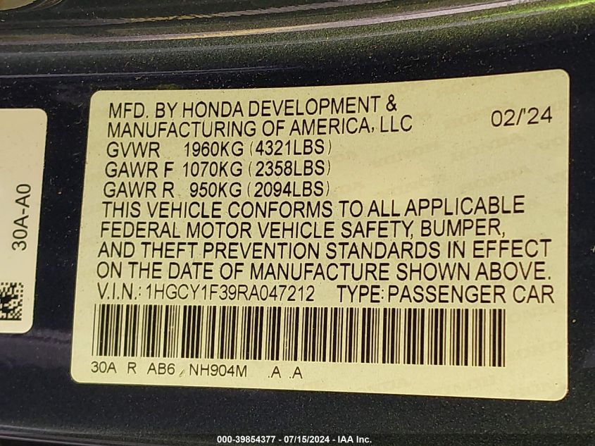 1HGCY1F39RA047212 | 2024 HONDA ACCORD