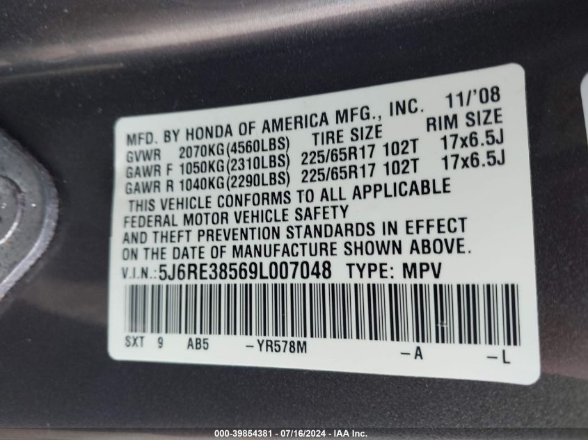 2009 Honda Cr-V Ex VIN: 5J6RE38569L007048 Lot: 39854381